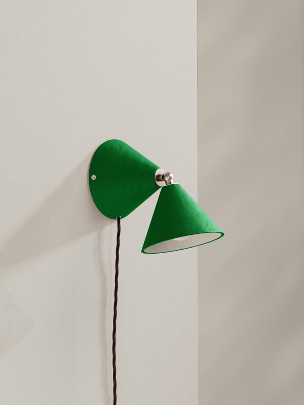 Palefire Studio x 8 Holland Street Rotor Wall Light in Green Contemporary Hand painted paper pulp, nickel & braided flex Option to be hard wired or plug in H18.5 x D12.5cm Made to order in 6 weeks