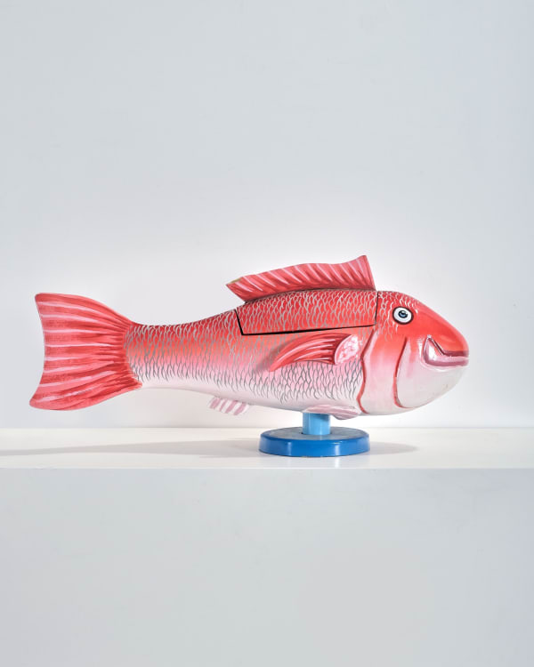 Paa Joe Red Fish Box Sculpture Maquette 2022 Hand carved wood, oil paint, metal hinges Made in Ghana H25 x W60 x D20 cm