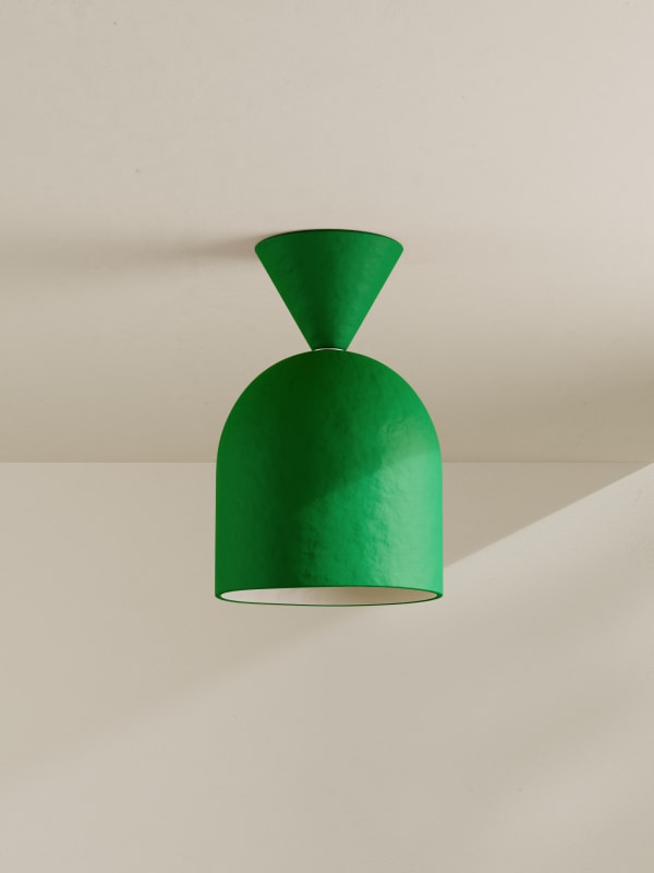 Palefire Studio x 8 Holland Street Bell Flush Pendant Mount Light in Green Contemporary Hand painted paper pulp, nickel & braided flux H27.7 x D17.5cm Made to order in 6 weeks