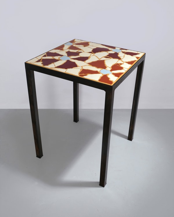Charlie Sheppard Square Side Table Handmade glazed ceramic tile on board, bespoke coloured grout top with burnished steel frame H60.5 x W45 x D45 cm