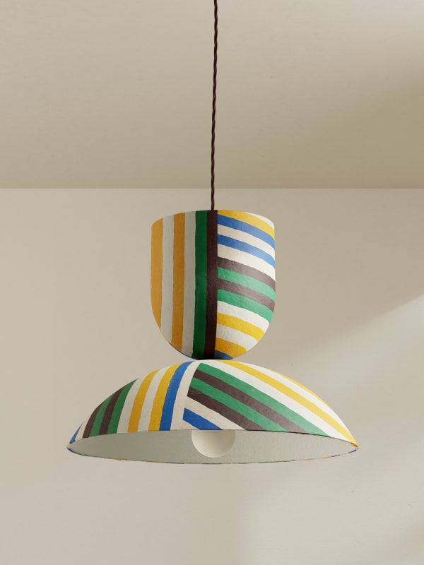 Palefire Studio x 8 Holland Street Buoy Pendant Light in Stripes Contemporary Hand painted paper pulp, nickel & braided flex H20.5 x D40.5cm Made to order in 6 weeks