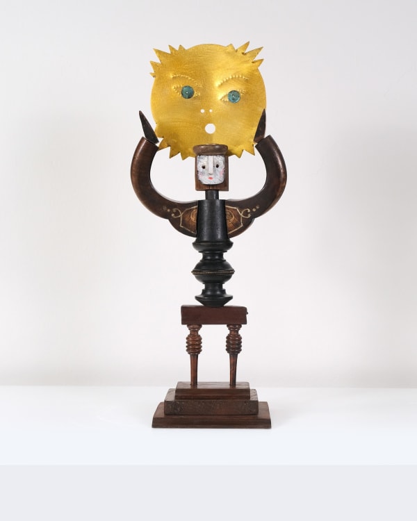 Amata Benedict Apollo Candlestick 2025 Wood assemblage with brass sun and patinated copper eyes H48 x W20 x D11 cm