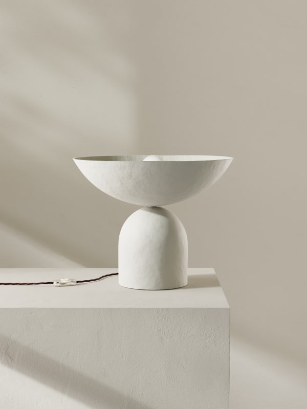 Palefire Studio x 8 Holland Street Satellite Uplighter in White Contemporary Hand painted paper pulp, nickel & braided flex H32 x D40.5cm Made to order in 6 weeks