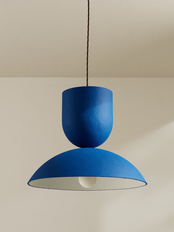 Palefire Studio x 8 Holland Street Buoy Pendant Light in Blue Contemporary Hand painted paper pulp, nickel & braided flex H20.5 x D40.5cm Made to order in 6 weeks