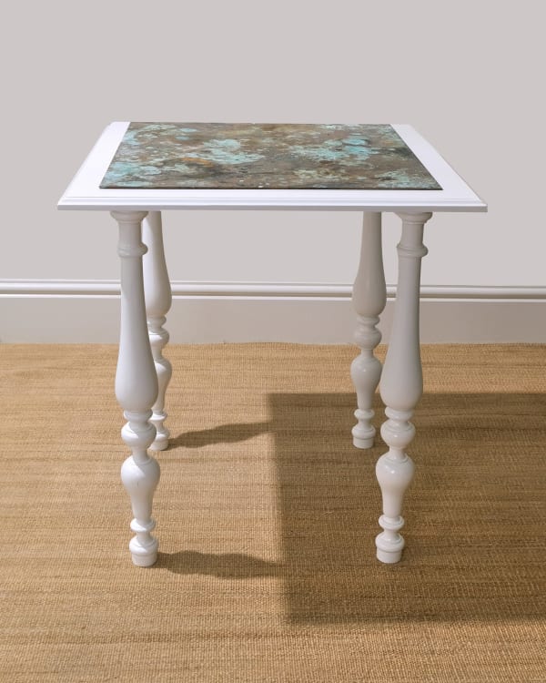 Amata Benedict White Assemblage Table Pine wood painted with white gloss and bronze plate H68 x W61 x D61 cm