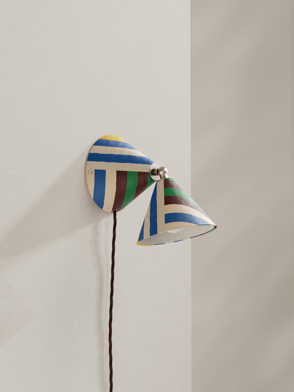 Palefire Studio x 8 Holland Street Rotor Wall Light in Stripes Contemporary Hand painted paper pulp, nickel & braided flex Option to be hard wired or plug in H18.5 x D12.5cm Made to order in 6 weeks