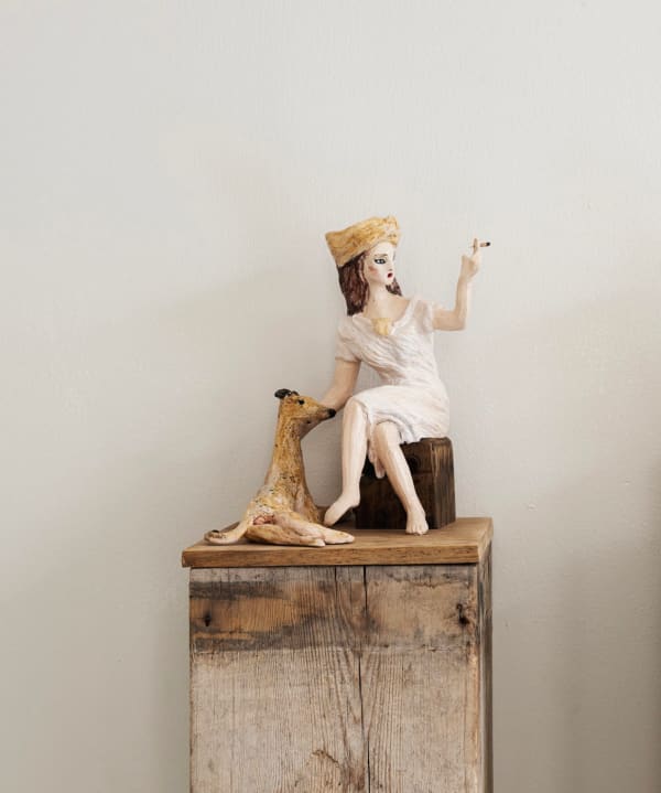 Amata Benedict Psychopomp's Fag Break with Hounds Candlestick I 2025 Glazed ceramic with steel and wood assembly base H19 x W15 x D15 cm