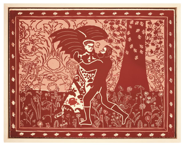 Jake Garfield Man Wrestling An Angel (Red) Woodcut on tan paper Edition of 20 H38 x W48 cm (framed artwork) Available unframed £ 660.00