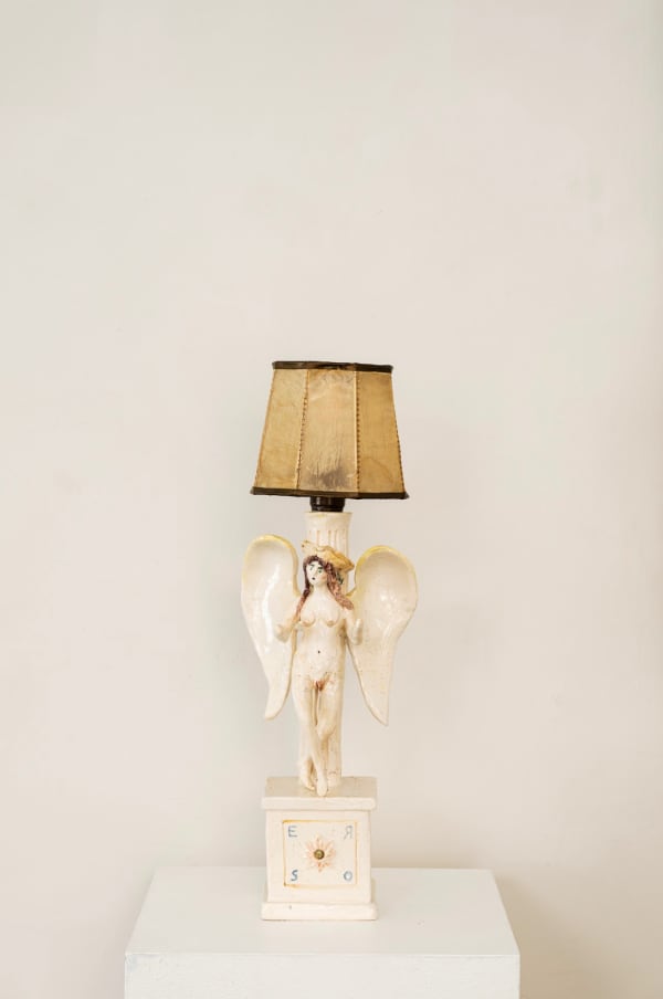 Amata Benedict Eros Lamp II 2025 Glazed ceramic with animal rawhide lampshade H38 x W16 x D9.5 cm (base only) H59 cm including shade