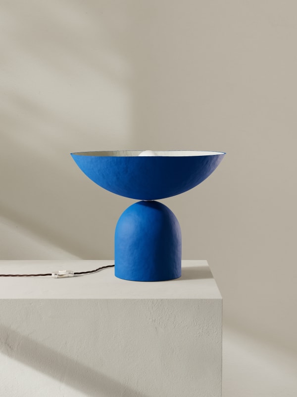 Palefire Studio x 8 Holland Street Satellite Uplighter in Blue Contemporary Hand painted paper pulp, nickel & braided flex H32 x D40.5cm Made to order in 6 weeks