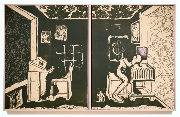 Jake Garfield Two Men Making Prints 2023 Woodcut on two panels on tan paper Edition 2 of 5 H96 x W152 cm (framed artwork) Available unframed £ 2,640.00