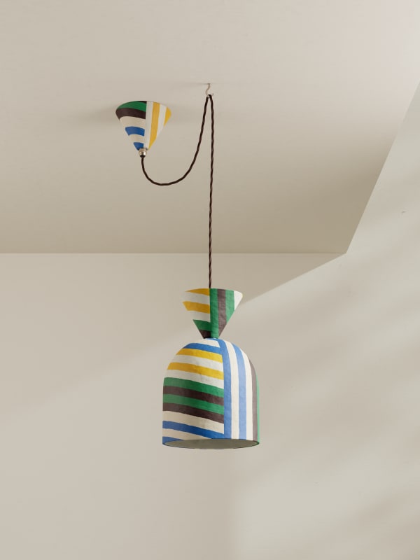 Palefire Studio x 8 Holland Street Bell Pendant Light in Stripes Contemporary Hand painted paper pulp, nickel & braided flex H19.4 x 17.5cm Made to order in 6 weeks
