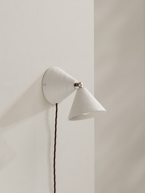 Palefire Studio x 8 Holland Street Rotor Wall Light in White Contemporary Hand painted paper pulp, nickel & braided flex H18.5 x D12.5cm Option to be hard wired or plug in Made to order in 6 weeks