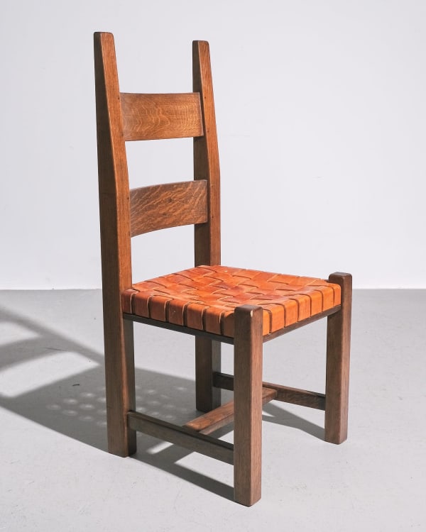 Dutch, Set of Six Oak and Leather Dining Chairs