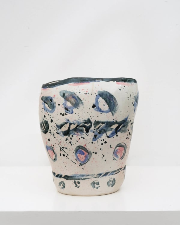 Georgia Loizou Paw Prints white stoneware coiled vessel with black, blue, pink underglaze H30 x W23 cm