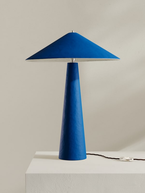 Palefire Studio x 8 Holland Street Parasol Table Lamp in Blue Contemporary Hand painted paper pulp, nickel & braided flex H57 x D40.5 cm Made to order in 6 weeks