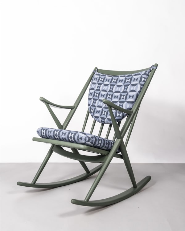 Frank Reenskaug Danish Rocking Chair For Bramin Møbler Designed 1958 Painted teak with loose seat and back cushion newly upholstered in printed linen by Vanderhurd H84 x W67 x D80 cm Seat height 45 cm
