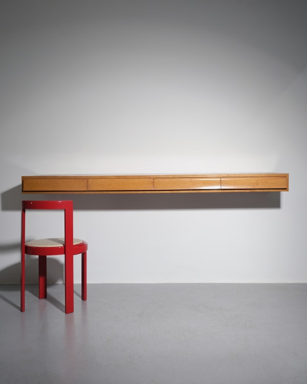 Amma Hanging console with mirror c.1950s Chestnut, brass and mirrored crystal Mirror: H74 x W54 x D3 cm ; console: H14 x W215 x D48