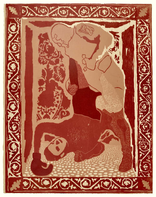 Jake Garfield Man Being Dominated Woodcut on tan paper Edition of 14 H71 x W56 cm (framed artwork) Available unframed £ 990.00