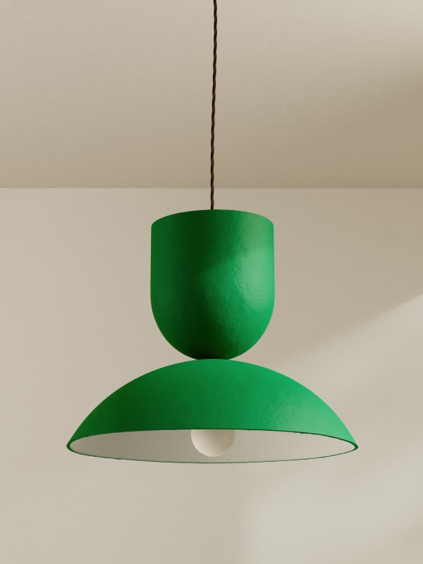Palefire Studio x 8 Holland Street Buoy Pendant Light in Green Contemporary Hand painted paper pulp, nickel & braided flex H20.5 x D40.5cm Made to order in 6 weeks