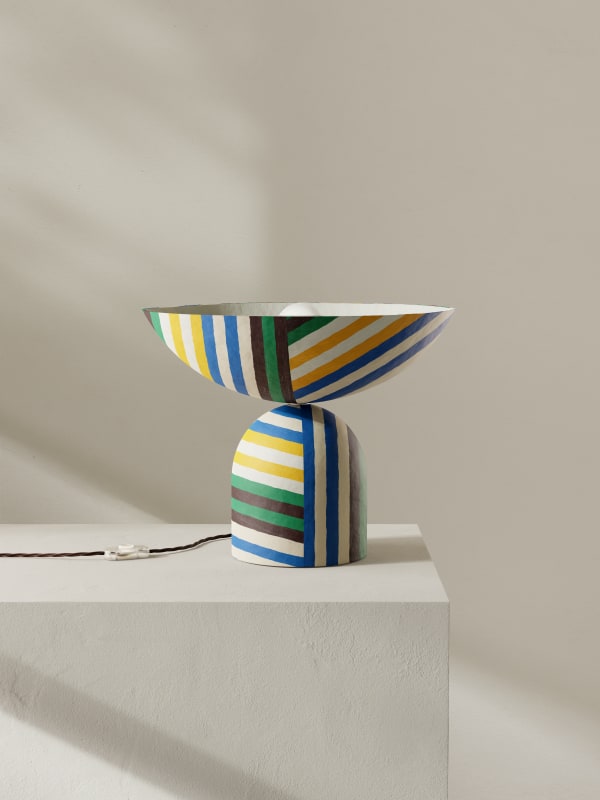Palefire Studio x 8 Holland Street Satellite Uplighter in Stripes Contemporary Hand painted paper pulp, nickel & braided flex H32 x D40.5cm Made to order in 6 weeks
