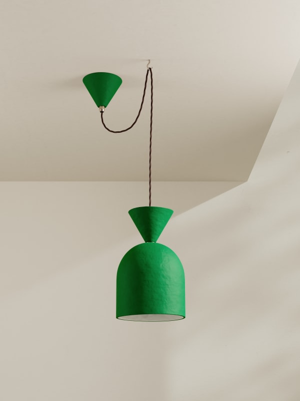 Palefire Studio x 8 Holland Street Bell Pendant Light in Green Contemporary Hand painted paper pulp, nickel & braided flex H19.4 x 17.5cm Made to order in 6 weeks