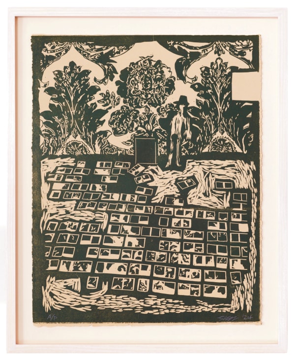 Jake Garfield Man Laying Out Pictures Woodcut on tan paper Edition H38 x W30 cm (framed artwork) Available unframed £ 440.00