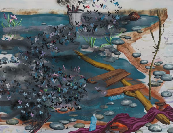 Rabble, 2023 Flashe, ink and spray paint on canvas over panel 72 x 96"