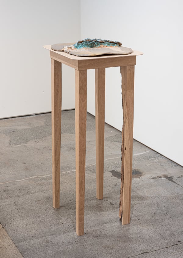 Tide Table (sandy), 2023 salt-fired ceramic, salvage-logged oak, wood laminate 43.5 x 17 x 20"