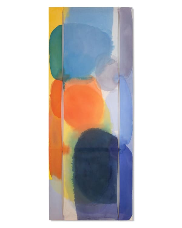 Spectrum-Landing onto Zone, 2024 acrylic on sewn Kwangmok (Korean muslin) and Sambe (Korean linen), pine 96 x 37.75”