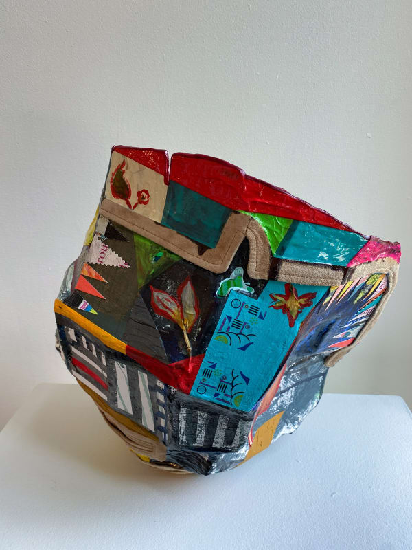 Imperfect Vessel No. 8, 2020 papier-mache, acrylic and collage 16 x 15 x 12"