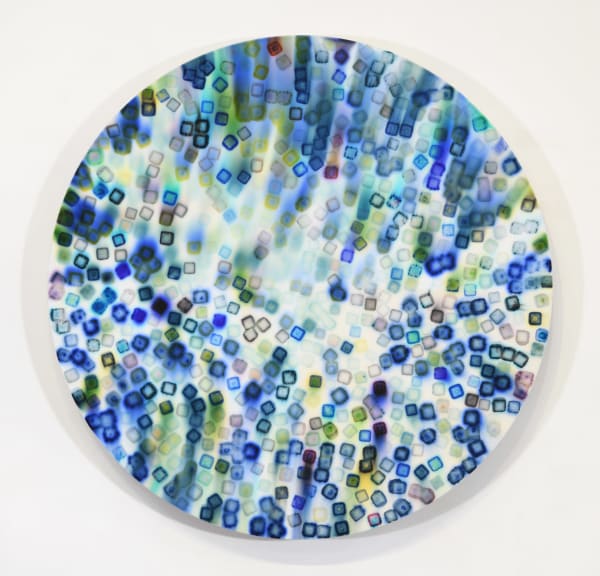 Blue Cubes w/Blueberry Shifter, 2025 acrylic, inks, dyes, stains and spray paint on wood panel 30" diameter