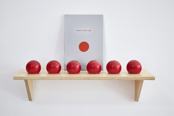 Dinner to Tell a Joke, 2019 perfect bound book, 6 porcelain cups with holding chips and wood shelf interactive, wood shelf: 10 x 27"