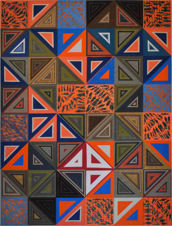 Crowds Adhere to Patterns, 2023 repurposed textiles, acrylic, laminated paper, and laser engraving 64 x 48"