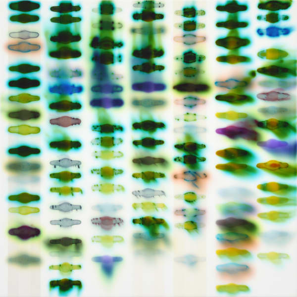 Amber/Turquoise, 2025 acrylic, inks, dyes, stains and spray paint on wood panel 18 x 18"