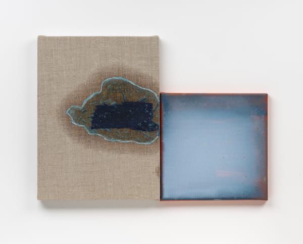 The frost took up the Search for your company., 2024 oil, acrylic, linen, frit on linen on canvas diptych: 20 x 17"