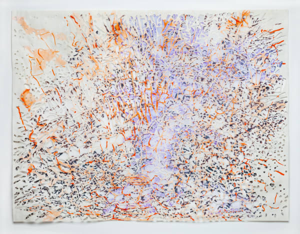 Scree, 2024 vermilion sumi ink on hand-cut paper floated over ink drawing on Dura-Lar 23.25 x 30.5" unframed 27 x 34.5" framed