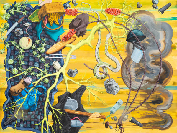 Flash Flood, 2020 Flashe and spray paint on canvas over panel 72 x 96"