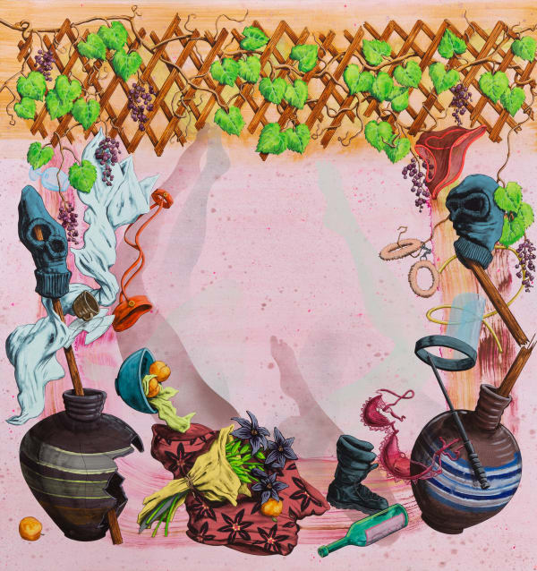 The Honeytrap, 2020 Flashe and spray paint on canvas over panel 42.25 x 40.25"