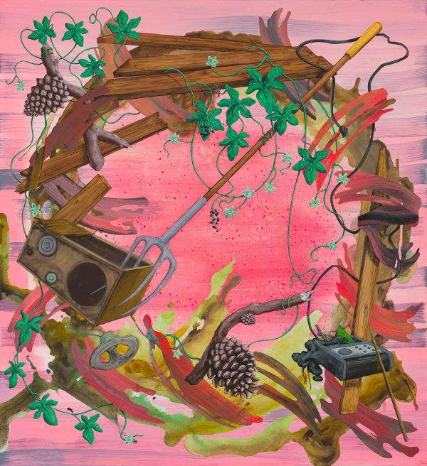 Radio Silence, 2022 Flashe, ink and spray paint on canvas over panel 46 x 42"