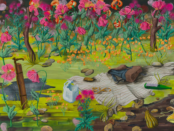 Cover Crop, 2023 Flashe, ink and spray paint on canvas over panel 72 x 96"