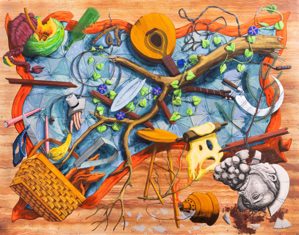 After the Treehouse Fell, 2020 Flashe and spray paint on canvas over panel 47 x 60"