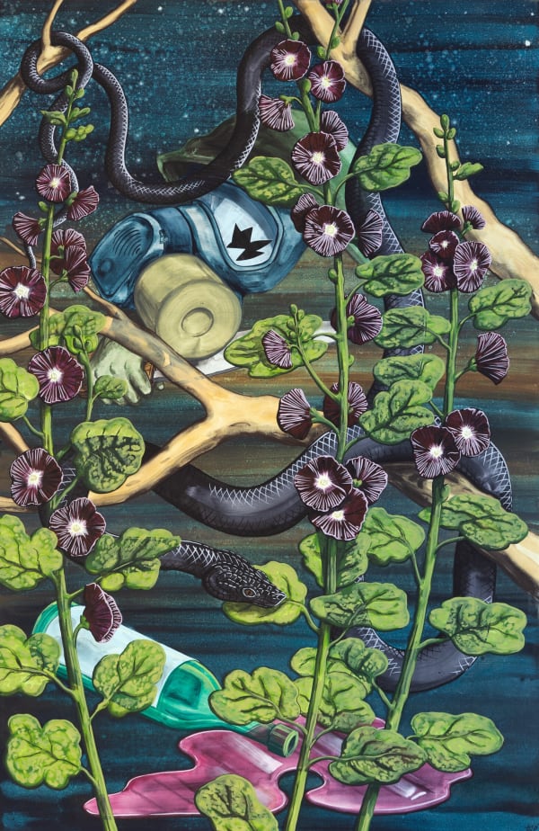 In the Hollyhocks, 2020 Flashe and spray paint on canvas over panel 34 x 22.25"