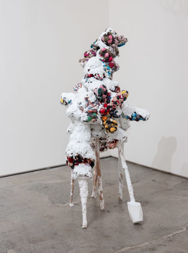 After Paul Klee's Warrior with a Wing, 2024 braided fabric sculpture, Hydrocal, paint 42 x 22 x 22"