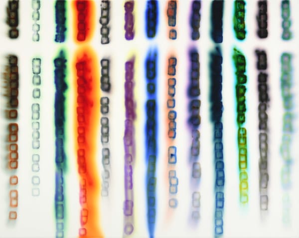 13 Lanes w/Orange Red, 2025 acrylic, inks, dyes, stains and spray paint on wood panel 24 x 30"