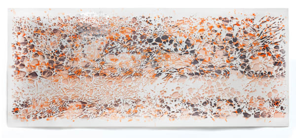 Slow Boil, 2024 vermilion sumi ink and metal leaf on hand-cut paper floated over hand-tinted lithograph on Gampi backed with kozo 27 x 64" unframed 32 x 69" framed