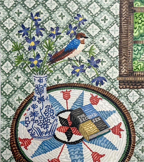Howard Fonda Untitled (barn swallow, dwarf larkspur, bottle shaped Qing Dynasty vase, hex sign, first edition of The Second Sex, Stickley table, Thomas Strahan Domino wallpaper), 2023. Oil on paper 34 x 30 in 86.4 x 76.2 cm