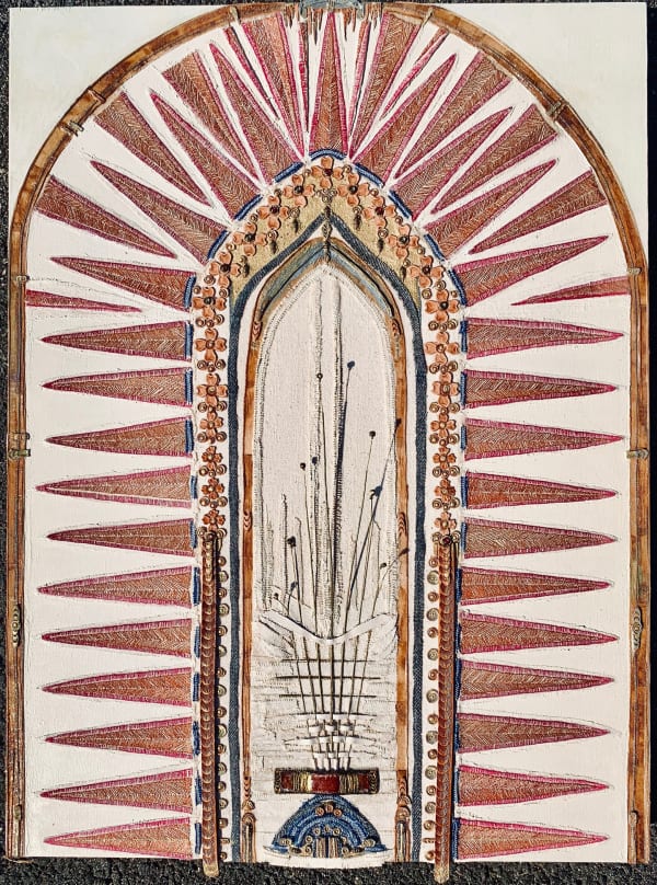 Hannah Tarkinson Arches in Magenta Hand tooled leather, paint, autoharp strings, cotton, linen, gold lead, denim, hand painted crystal on panel 18 x 24 ins 45.7 x 61 cm