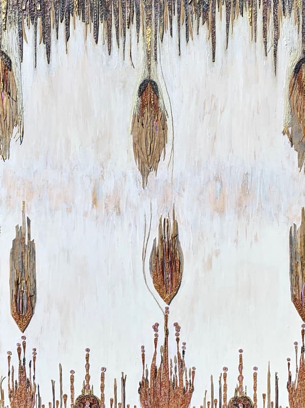 Hannah Tarkinson Together Apart in Bloom Hand tooled leather paint, gold leaf & waxed linen thread on panel 30 x 24 ins 76.2 x 61 cm