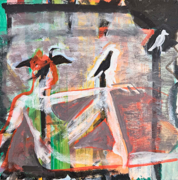 Frances Hynes Woman With Birds Oil on canvas on panel 16 x 16 in 40.6 x 40.6 cm